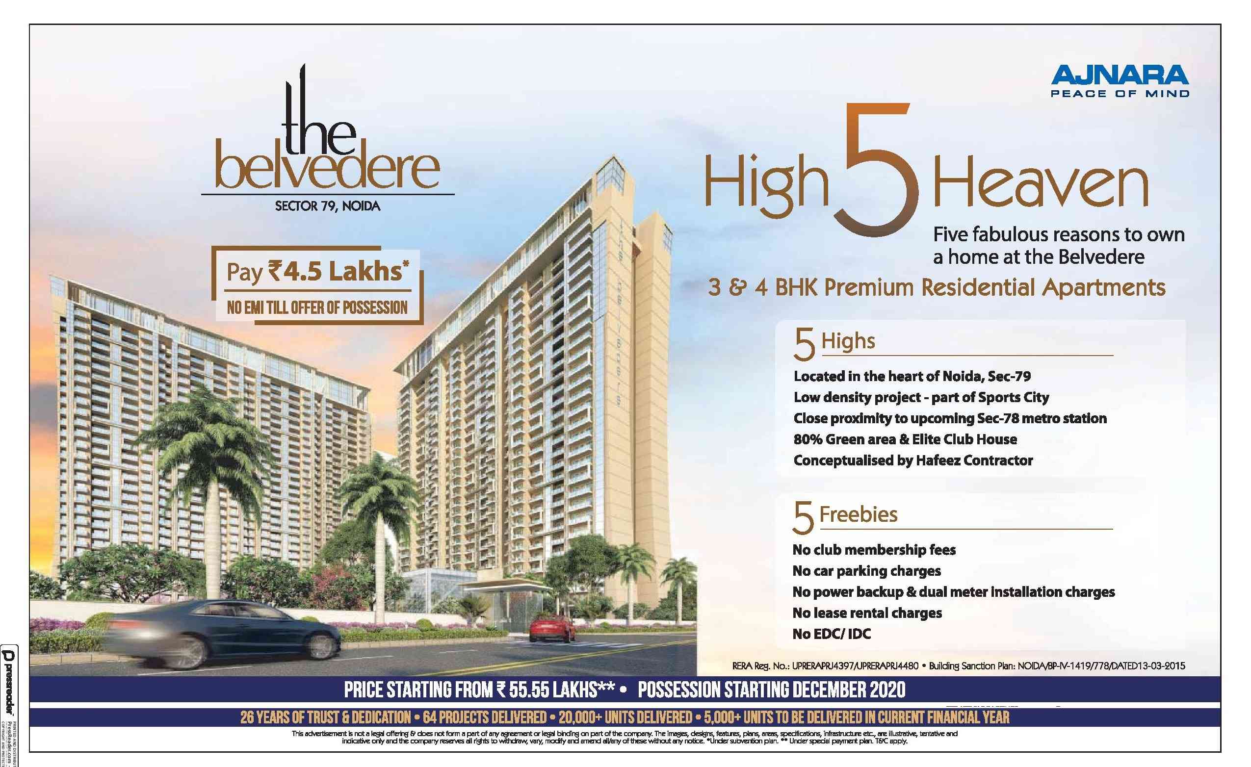 Pay Rs 4.5 Lakhs & no EMI till offer of possession at Ajnara The Belvedere in Sector 79, Noida Update